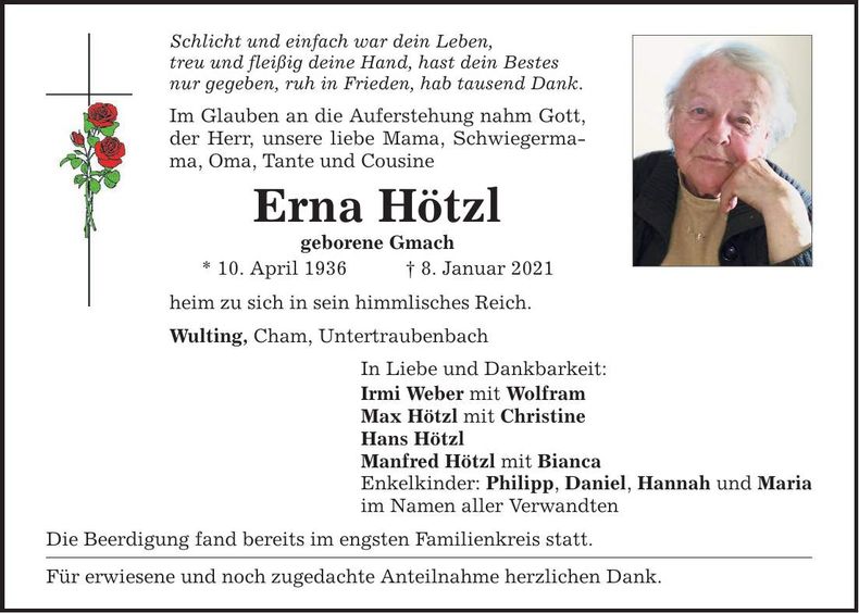 Traueranzeige Erna Hötzl