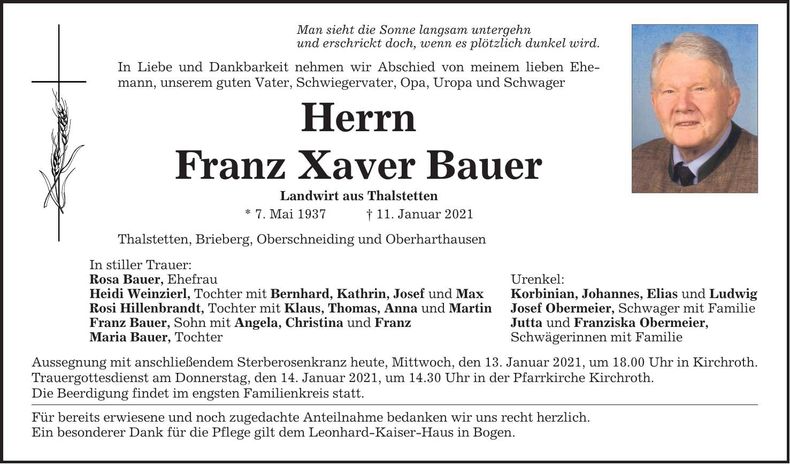 Traueranzeige Franz Xaver Bauer