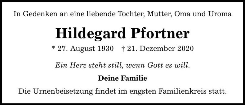 Traueranzeige Hildegard Pfortner