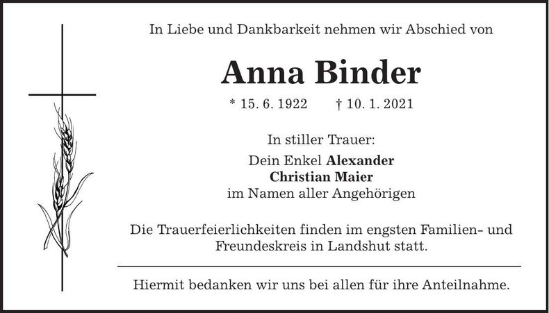 Traueranzeige Anna Binder