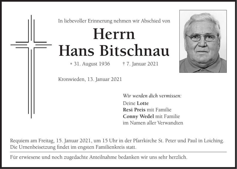 Traueranzeige Hans Bitschnau