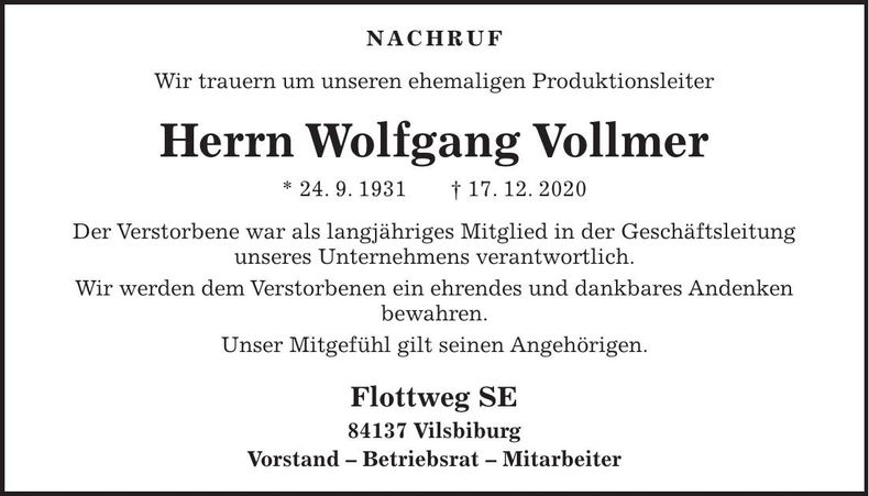 Traueranzeige Wolfgang Vollmer