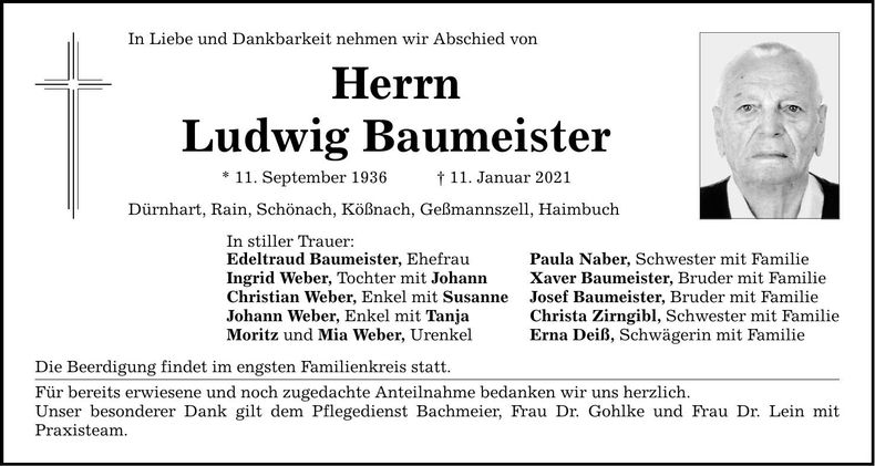 Traueranzeige Ludwig Baumeister