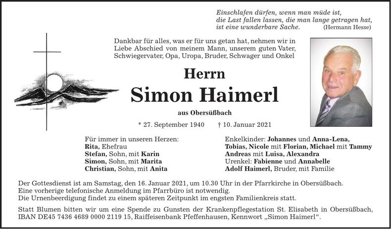 Traueranzeige Simon Haimerl