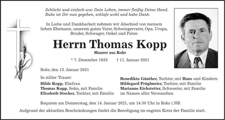 Traueranzeige Thomas Kopp