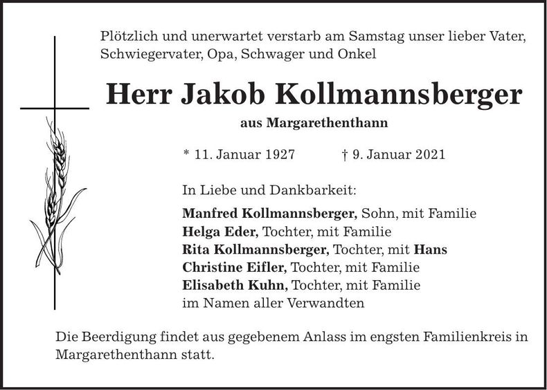 Traueranzeige Jakob Kollmannsberger