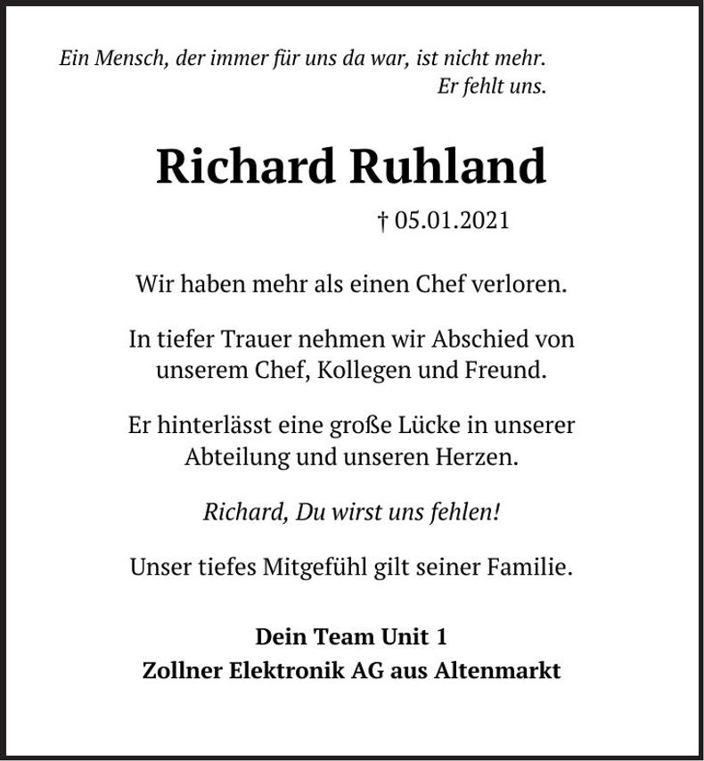 Traueranzeige Richard Ruhland