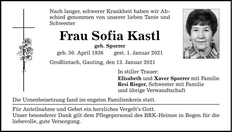Traueranzeige Sofia Kastl