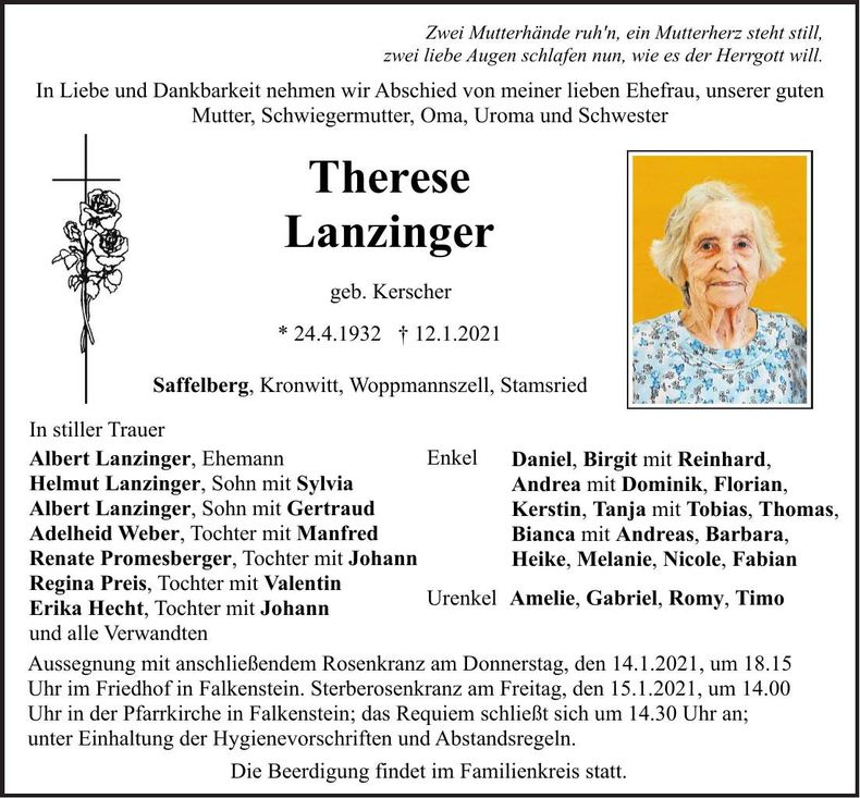 Traueranzeige Therese Lanzinger