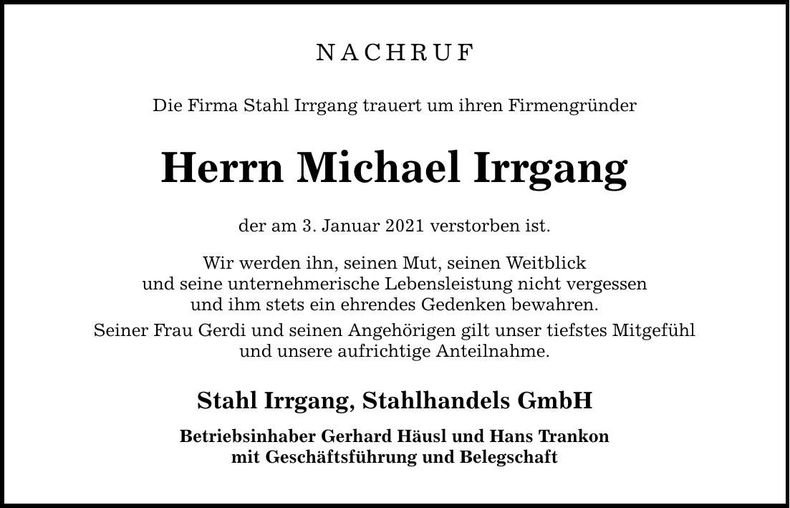 Traueranzeige Michael Irrgang