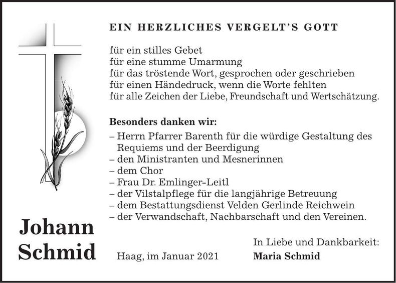Traueranzeige Johann Schmid