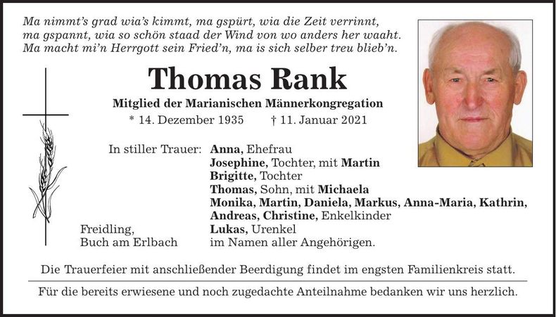 Traueranzeige Thomas Rank