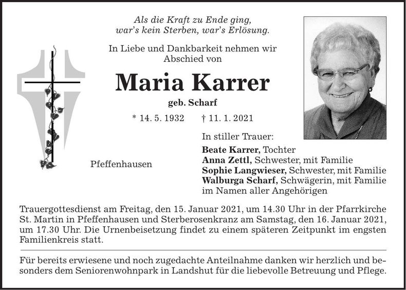Traueranzeige Maria Karrer