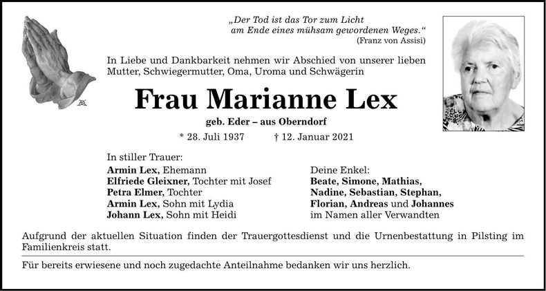 Traueranzeige Marianne Lex