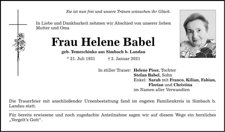 Traueranzeige Helene Babel