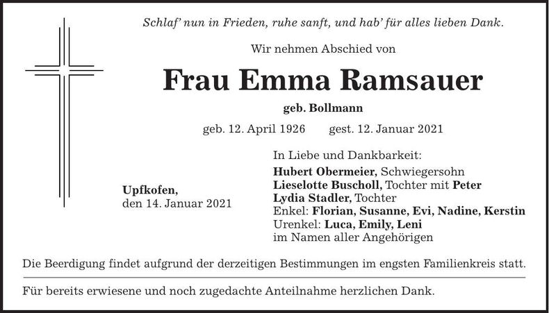 Traueranzeige Emma Ramsauer