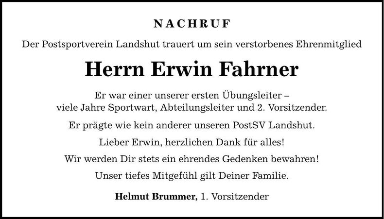 Traueranzeige Erwin Fahrner