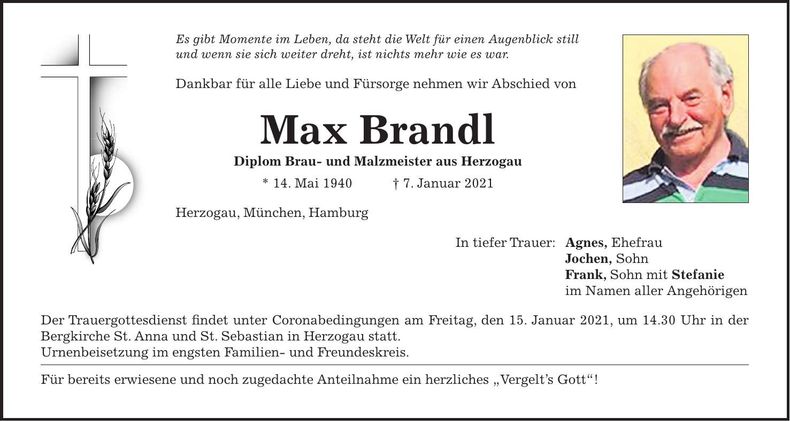 Traueranzeige Max Brandl
