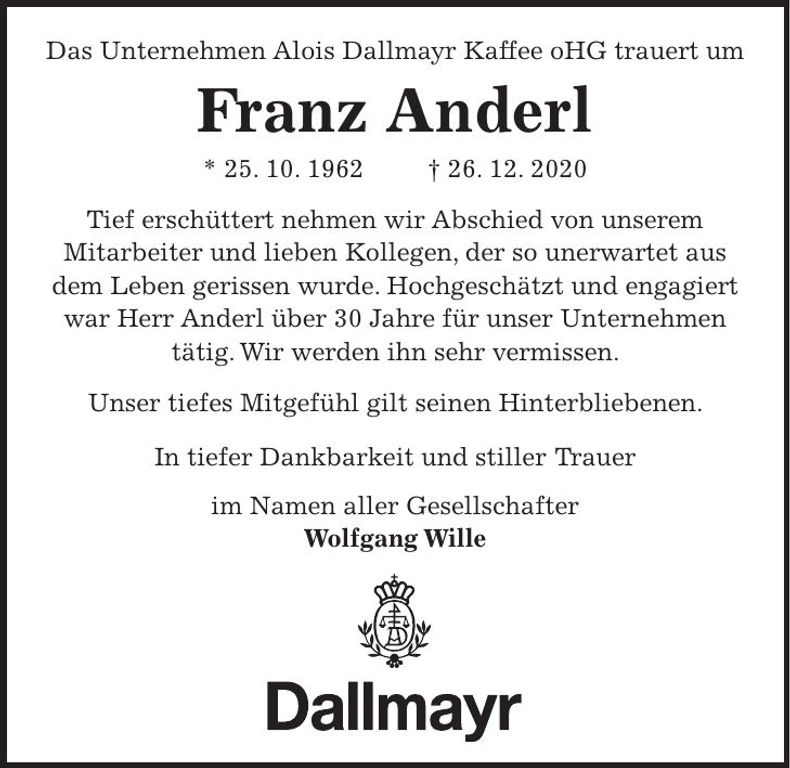 Traueranzeige Franz Anderl