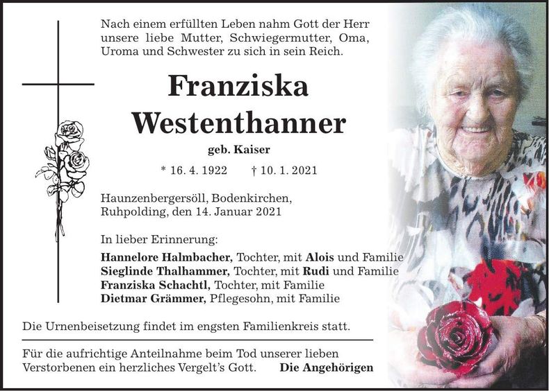 Traueranzeige Franziska Westenthanner