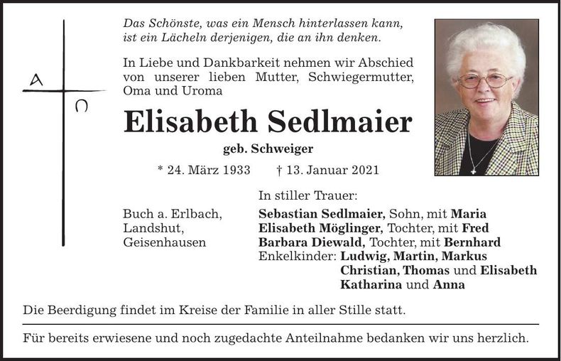 Traueranzeige Elisabeth Sedlmaier