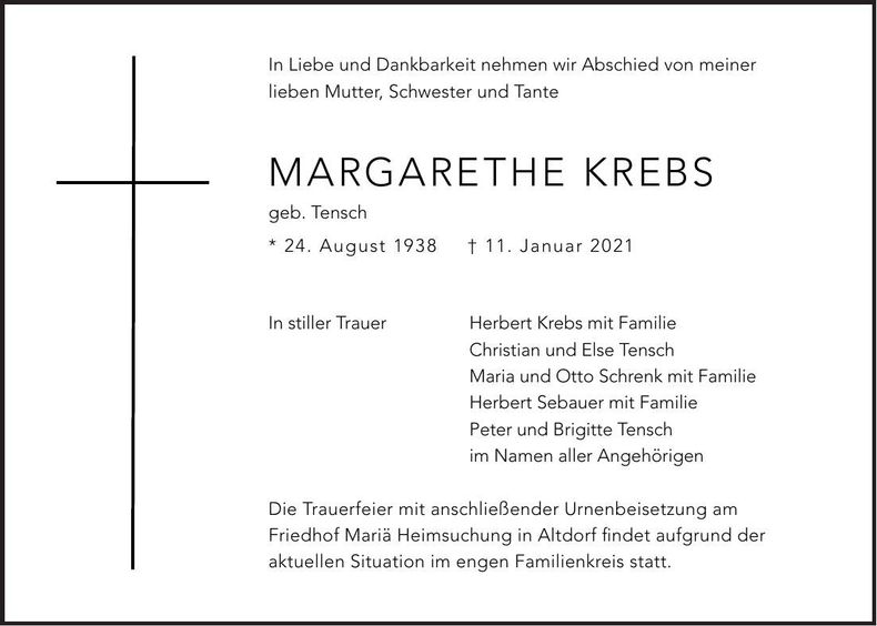 Traueranzeige Margarethe Krebs
