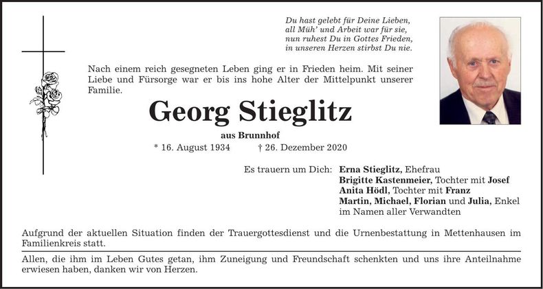 Traueranzeige Georg Stieglitz