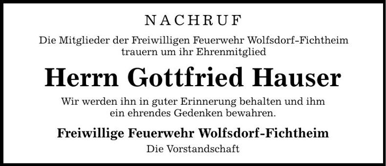 Traueranzeige Gottfried Hauser