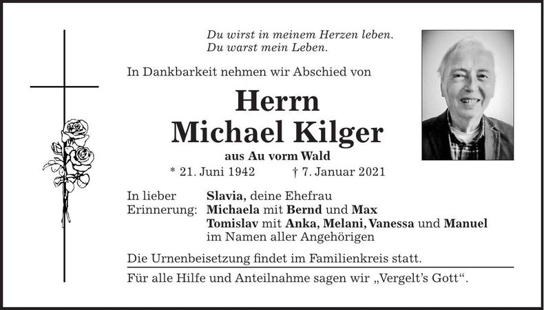 Traueranzeige Michael Kilger