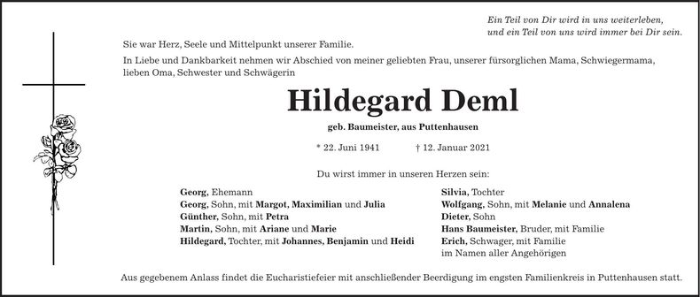 Traueranzeige Hildegard Deml