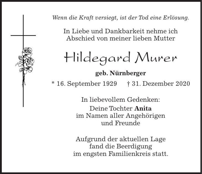 Traueranzeige Hildegard Murer