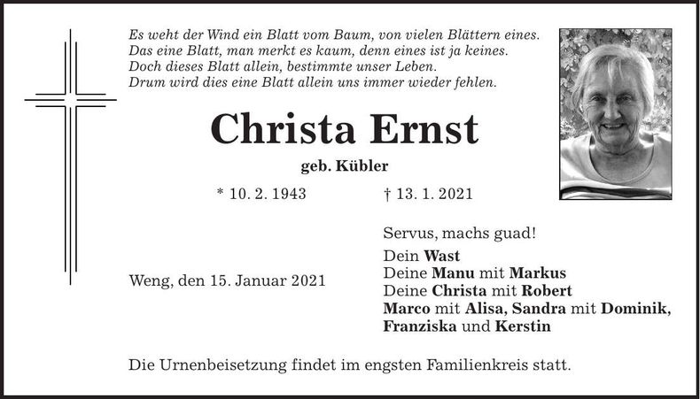 Traueranzeige Christa Ernst