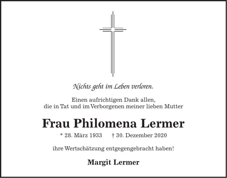 Traueranzeige Philomena Lermer