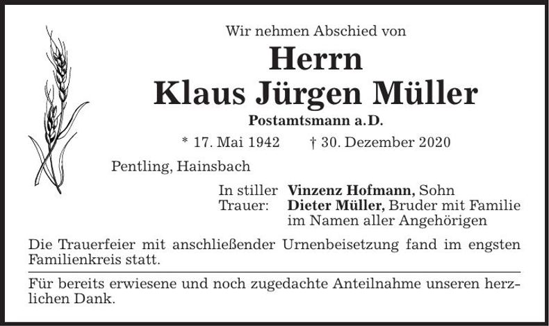 Traueranzeige Klaus Jürgen Müller