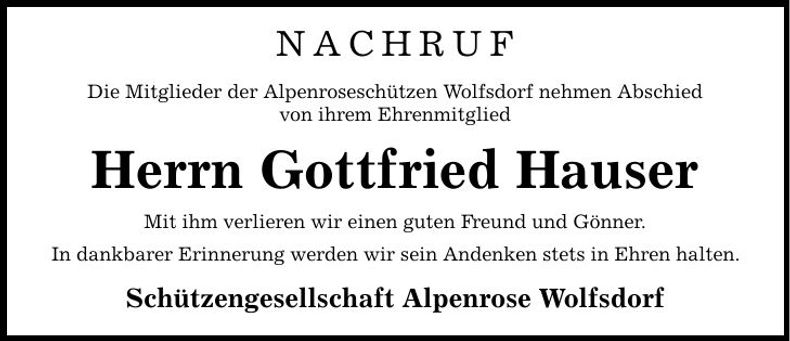 Traueranzeige Gottfried Hauser