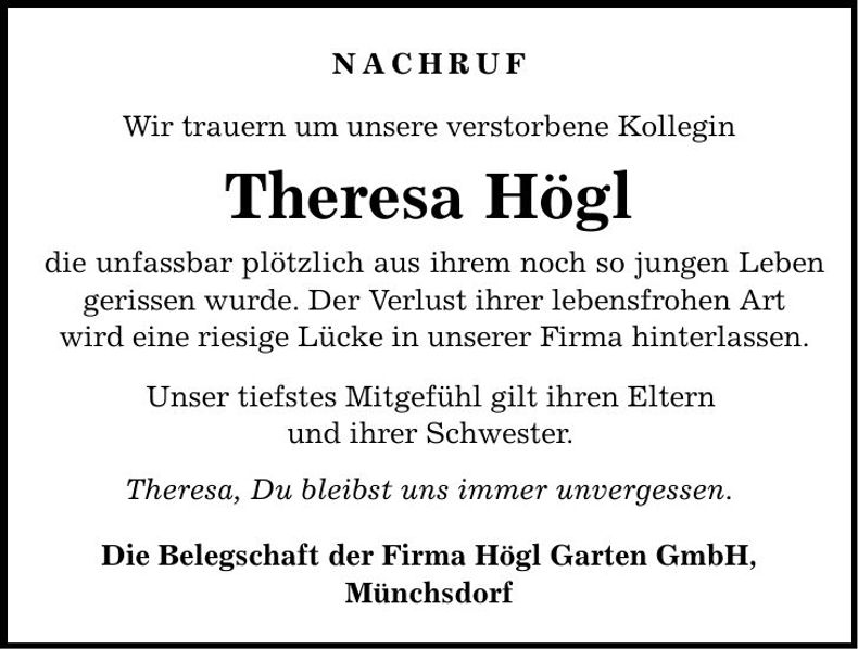 Traueranzeige Theresa Högl