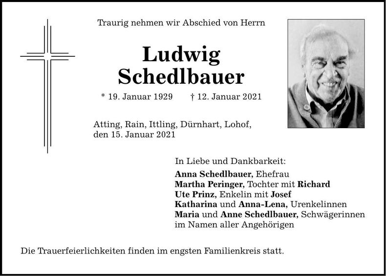 Traueranzeige Ludwig Schedlbauer