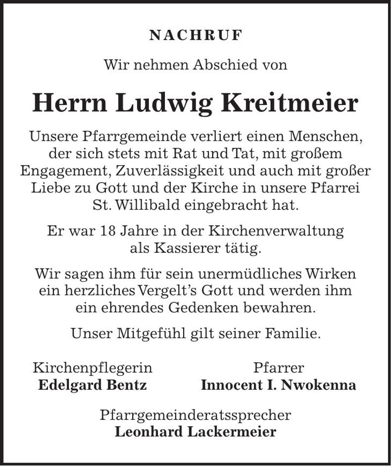 Traueranzeige Ludwig Kreitmeier