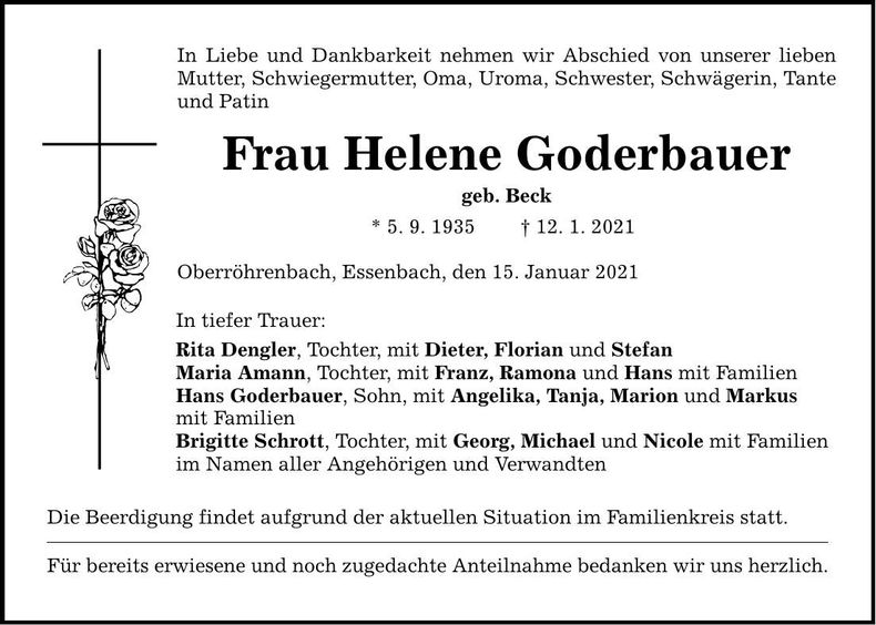 Traueranzeige Helene Goderbauer