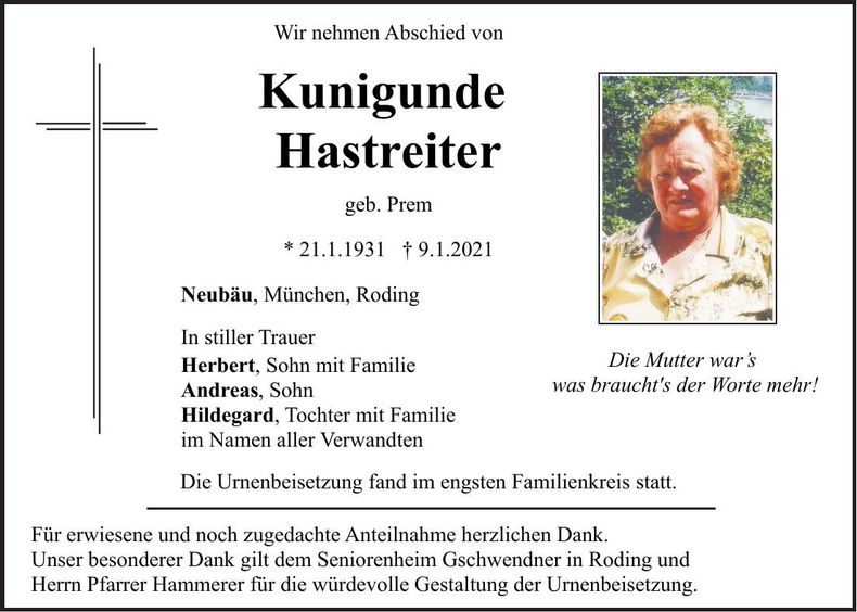Traueranzeige Kunigunde Hastreiter