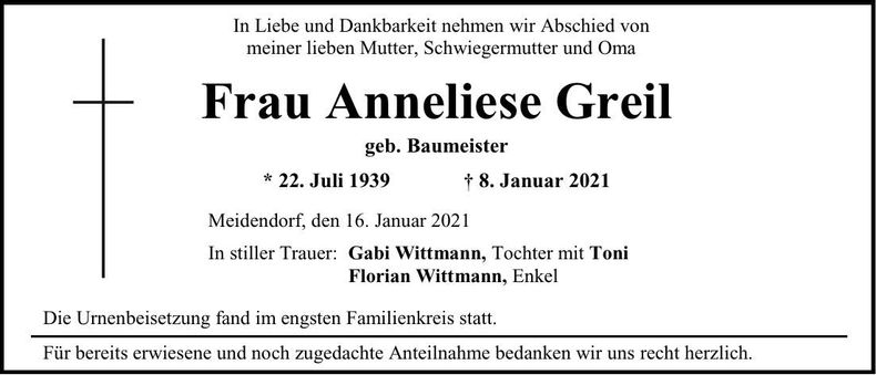 Traueranzeige Anneliese Greil