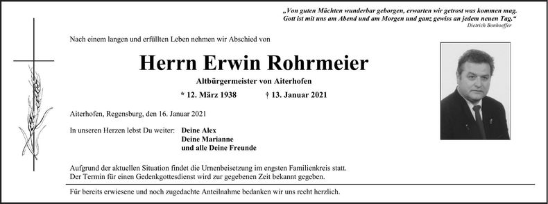 Traueranzeige Erwin Rohrmeier