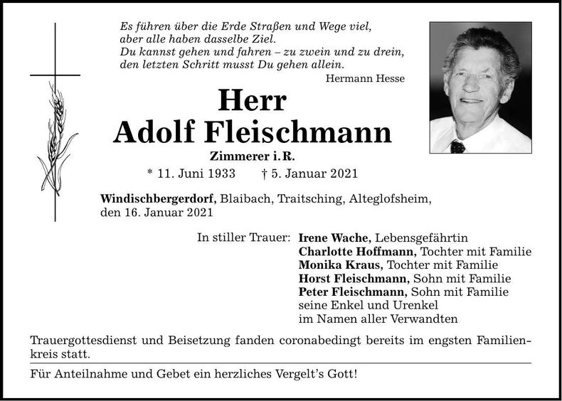Traueranzeige Adolf Fleischmann