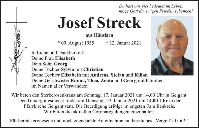 Traueranzeige Josef Streck