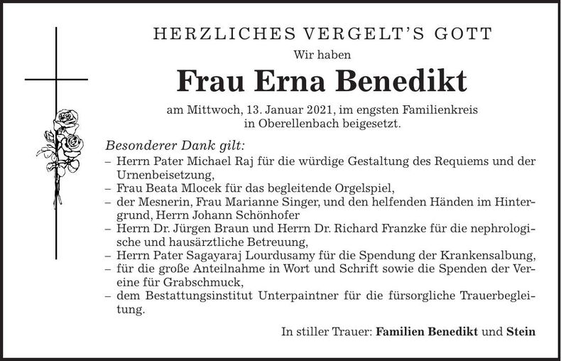 Traueranzeige Erna Benedikt