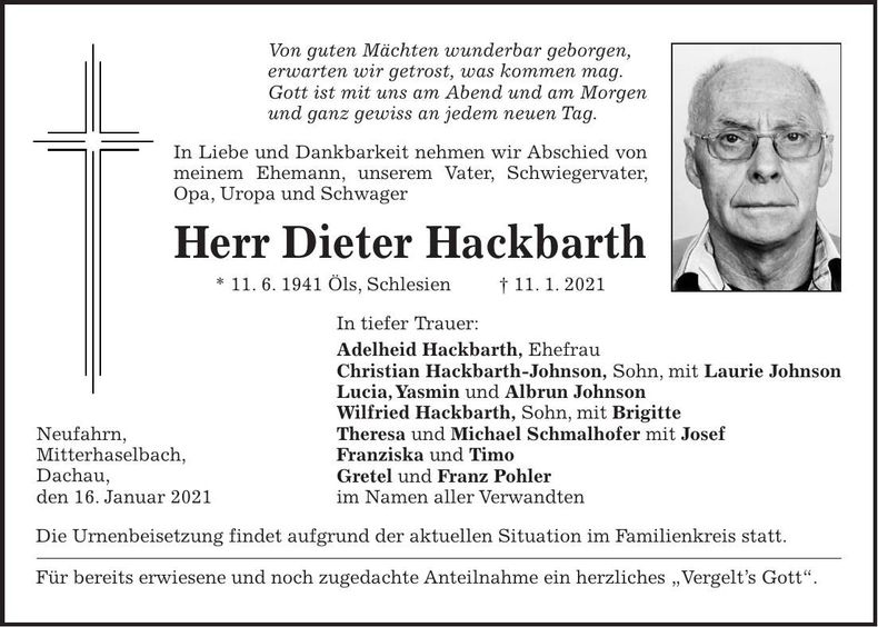 Traueranzeige Dieter Hackbarth