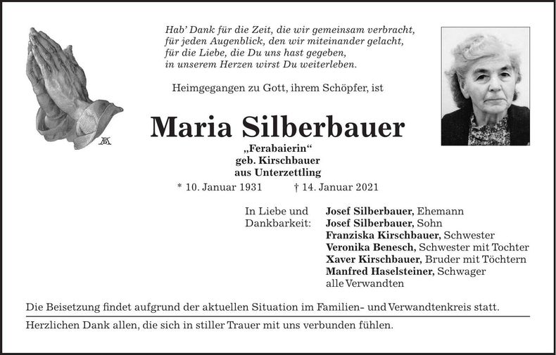 Traueranzeige Maria Silberbauer