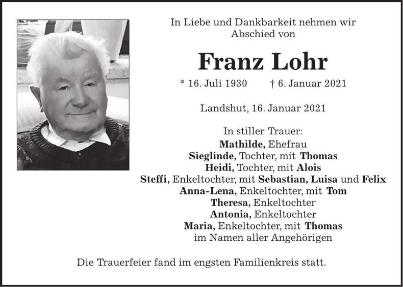Traueranzeige Franz Lohr