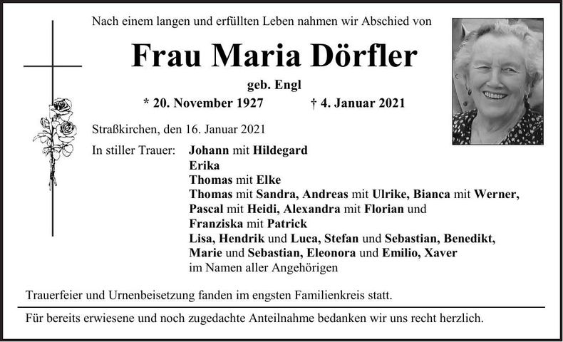 Traueranzeige Maria Dörfler