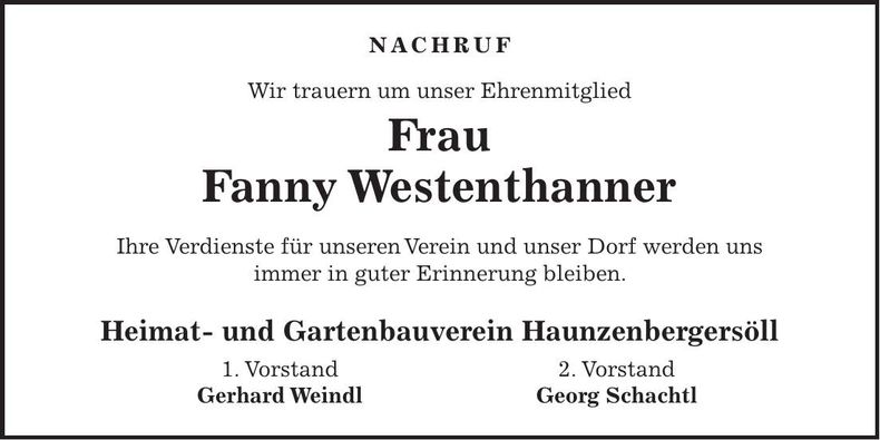 Traueranzeige Fanny Westenthanner